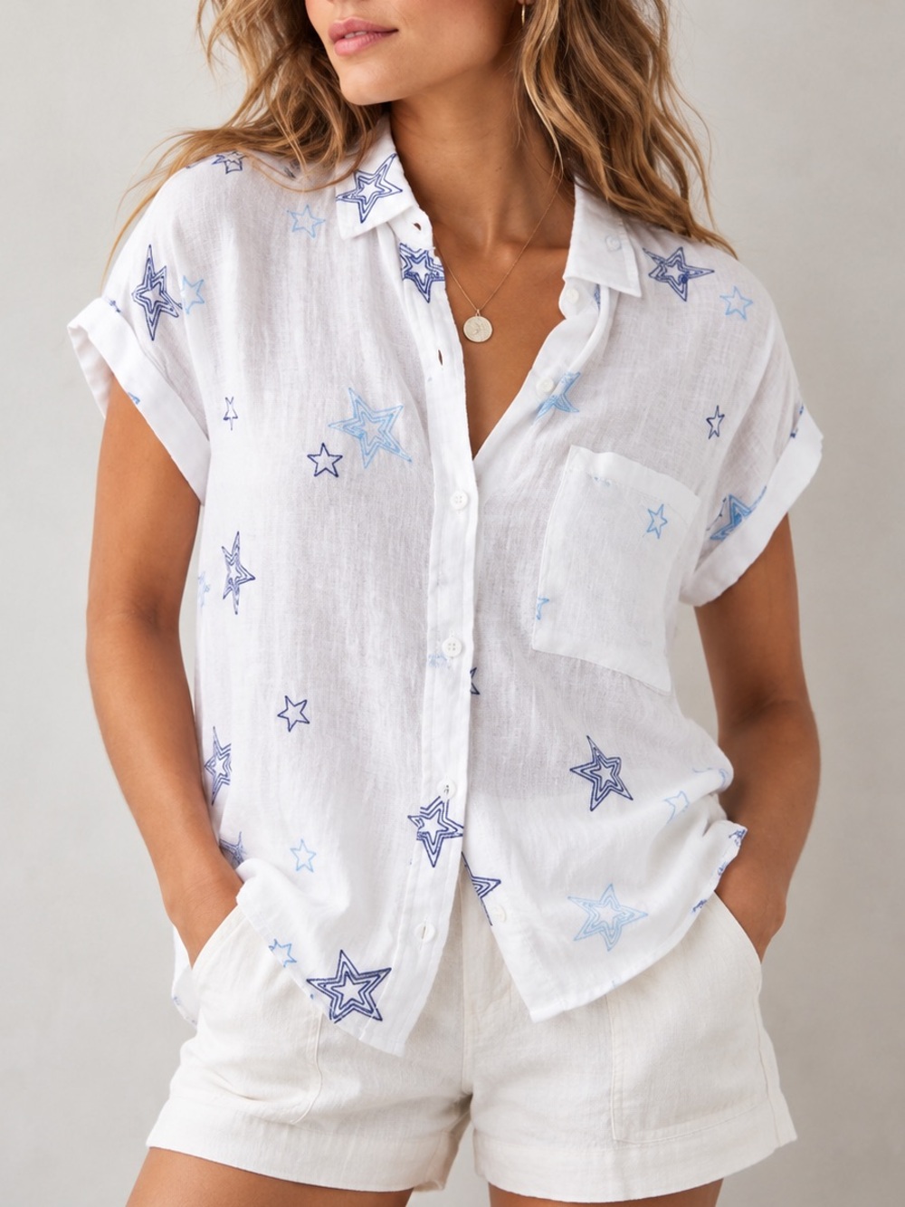 Rails Whitney Linen Shirt M White Blue Embroidered Stars Button Down Coastal